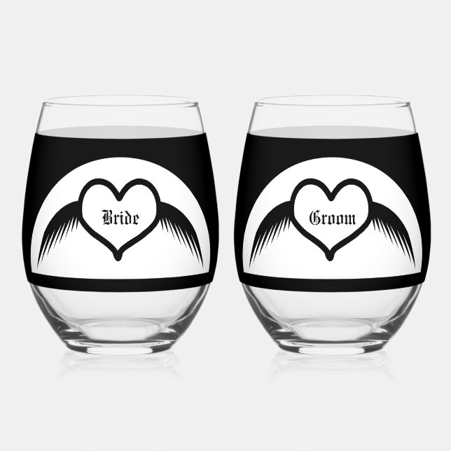 Gothic Wedding Flügelherz Mit Monogramm Weinglas Ohne Stiel (Vorderseite)