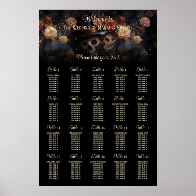 Gothic Wedding Kissing Skulls Table Seekarte Poster (Vorne)
