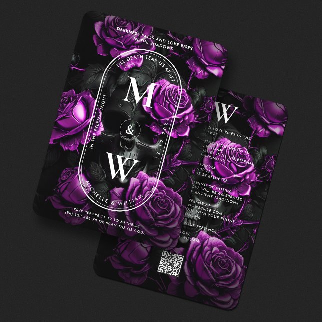 Gothic Wedding Monogram Skull Lila Rose Einladung (Gothic Wedding Monogram Skull Purple Roses Invitation
)