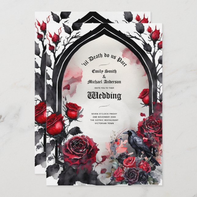 Gothic Wedding Red Black Rose Raven Einladung (Vorne/Hinten)