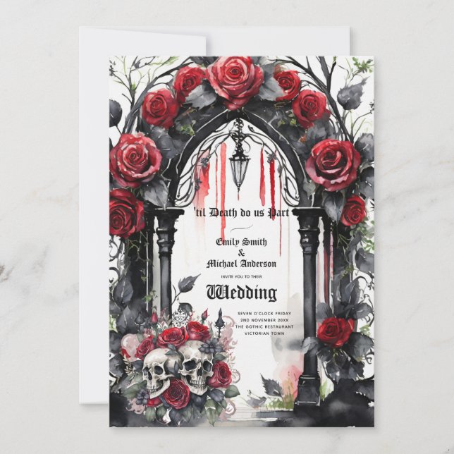 Gothic Wedding Red Black Rose Skulls Arch Einladung (Vorderseite)