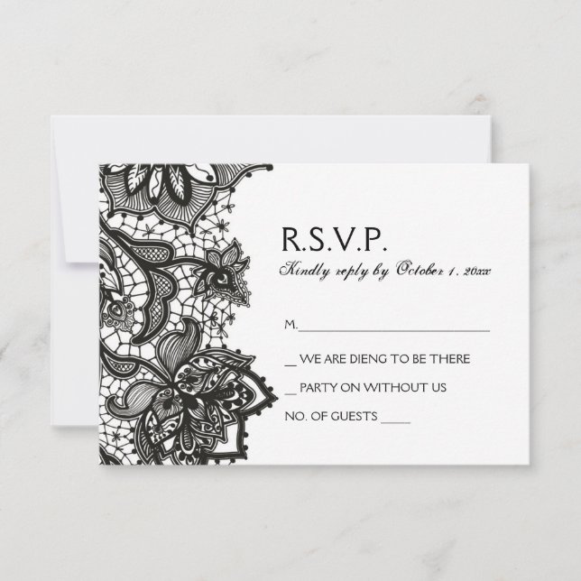 Gothic Wedding RSVP - Black Lace Pattern Karte (Vorderseite)
