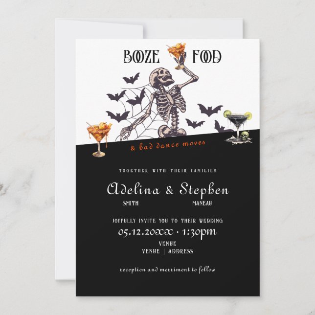Gothic Wedding Skeleton Booze Food Bad Dance Moves Einladung (Vorderseite)