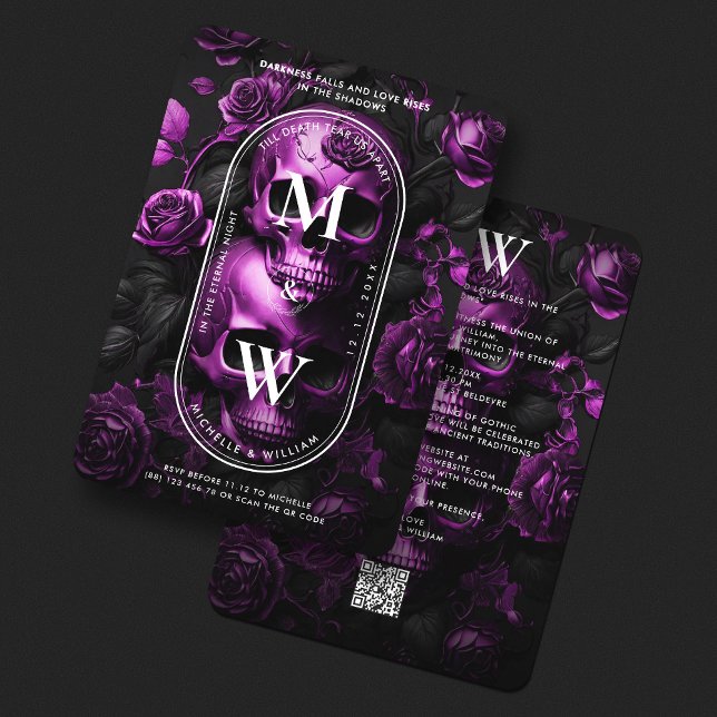 Gothic Wedding Skull Rose Dunkle Lila Monogram Einladung (Gothic Wedding Skull Roses Purple Monogram Invitation
)