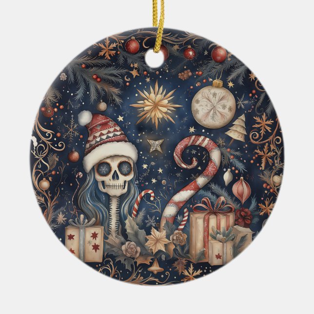 Gothic Weihnachten Feierliche Spooky Skull Keramik Ornament (Vorne)