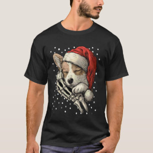Gothic Weihnachts Corgi mit Santa Hut Skelett Hand T-Shirt