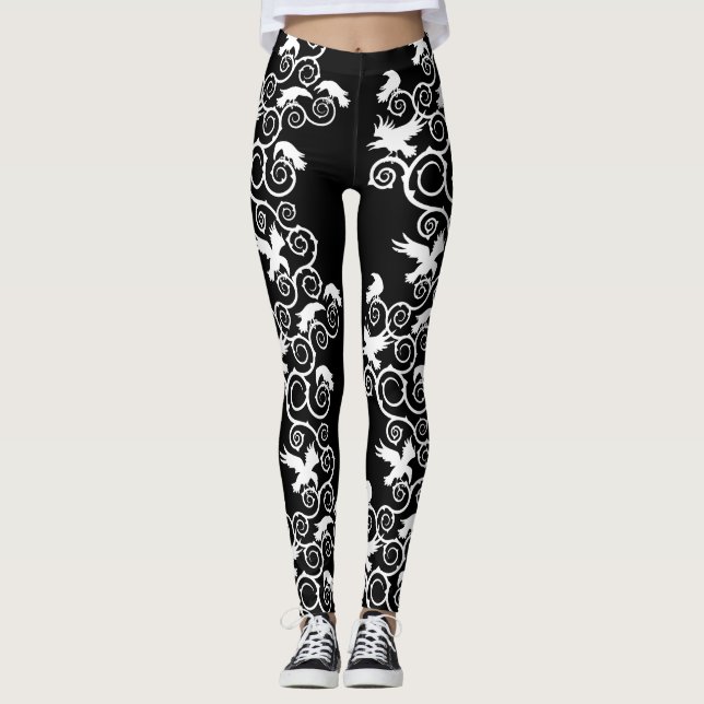 Gothic White Ravens and Thorns Leggings (Vorderseite)
