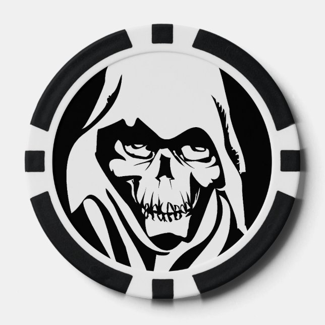 Gothic White Sensenmann auf schwarzem Hintergrund Pokerchips (Vorderseite)