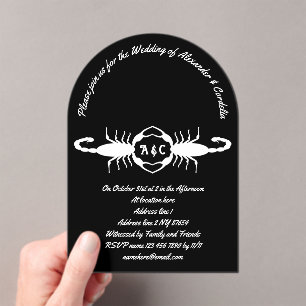Gothic White Wedding Skorpions Custom Mit Monogram Acryleinladungen