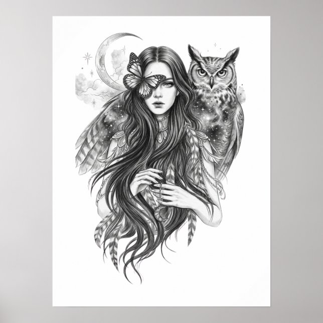 Gothic-Wicca-Hexe und Eule Dark Folklore Art Poste Poster (Vorne)