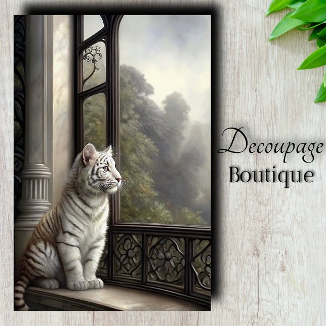 Gothic Window White Tiger Decoupage Seidenpapier (Gothic Window White Tiger Decoupage Tissue Paper)