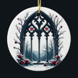 Gothic Winter Window with Roses Keramik Ornament<br><div class="desc">A stunning Gothic-style arched window surrounded by the enchanting beauty of winter. Snow-dusted rose bushes bloom at the base, while bare trees, adorned with delicate red roses, frame the window. The intricate Gothic tracery of the window is highlighted by two vibrant red stars, adding a mysterious, otherworldly glow. This artwork...</div>