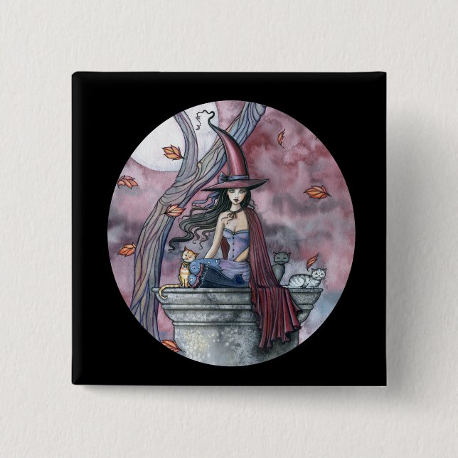 Gothic Witch Cat Halloween Knopf, Anstecknadel (Vorderseite)