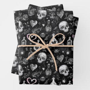 Gothic Witchcraft Liebe Potion Schädelherzen Geschenkpapier Set