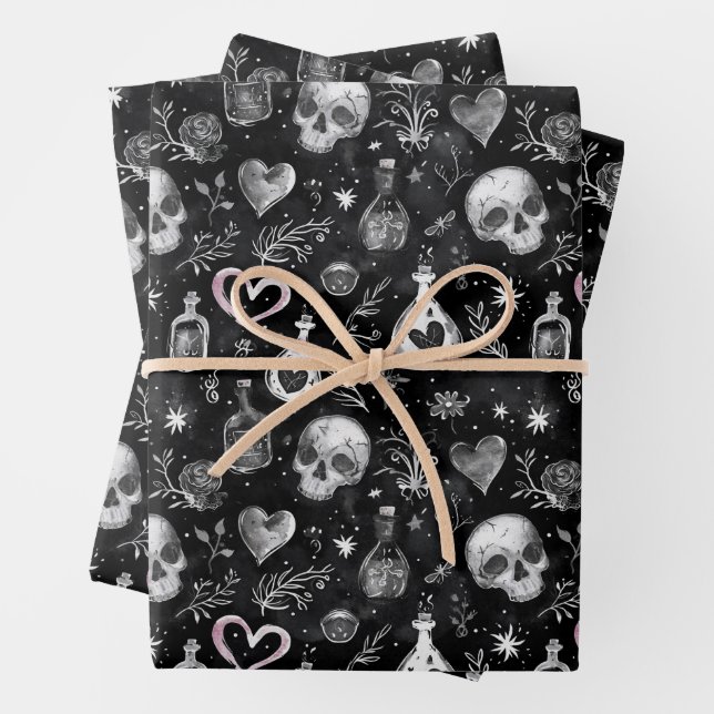 Gothic Witchcraft Liebe Potion Schädelherzen Geschenkpapier Set (Beispiel)