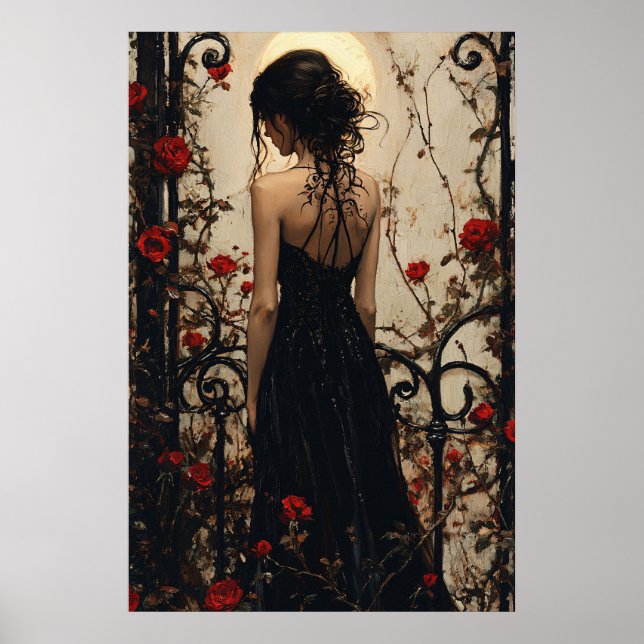 Gothic Woman in Black Dress Among Red Roses Poster (Vorne)