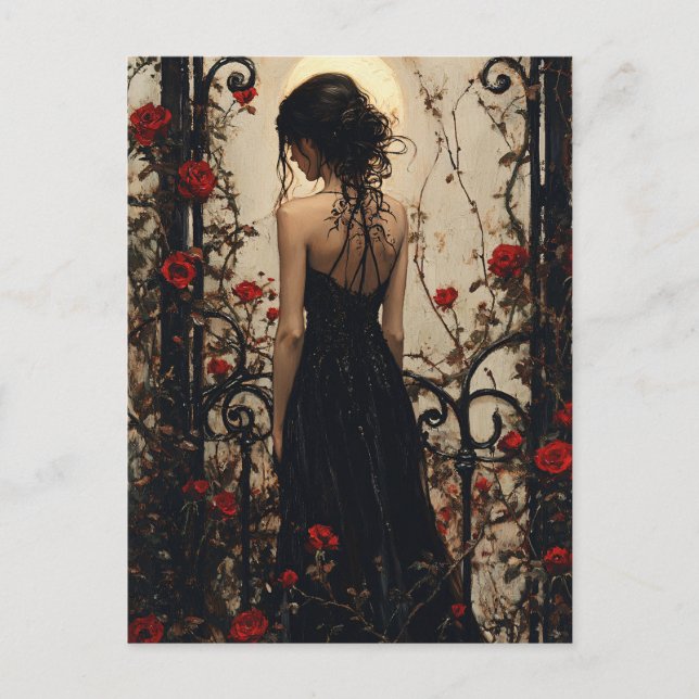 Gothic Woman in Black Dress Among Red Roses Postkarte (Vorderseite)