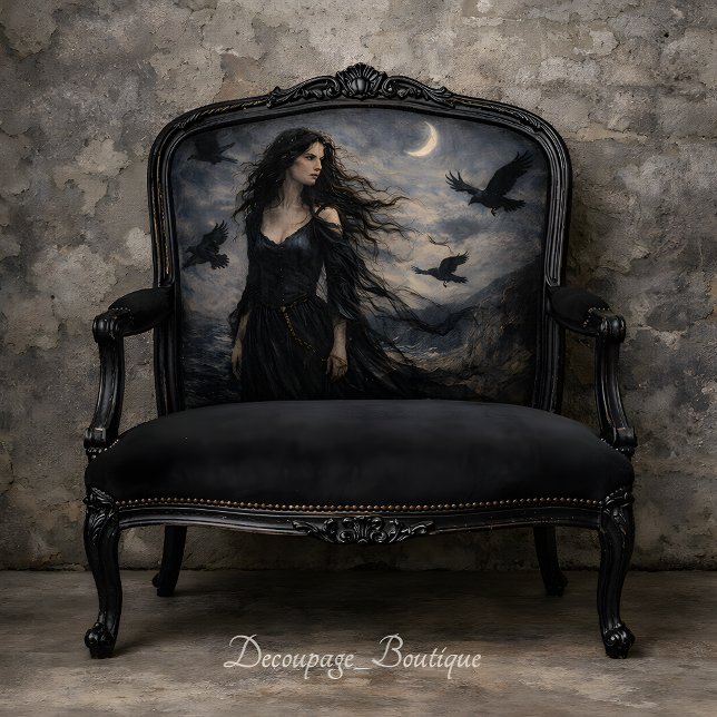 Gothic Woman Ravens Moonlit Ocean Scene Decoupage Seidenpapier (Gothic Woman Ravens Moonlit Ocean Scene Decoupage Mockup)