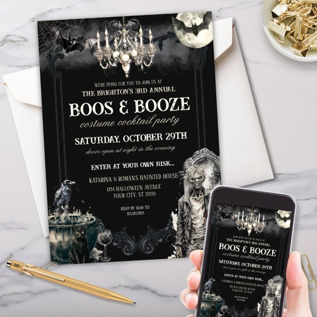 Gothic Zombie Apocolypse Boos & Booze Halloween Einladung (gothic zombie apcolypse theme halloween party invitations for boos and booze halloween soiree)