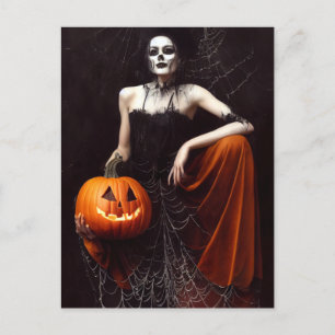 Gothik Hexe mit Kürbis. Happy Halloween Postkarte