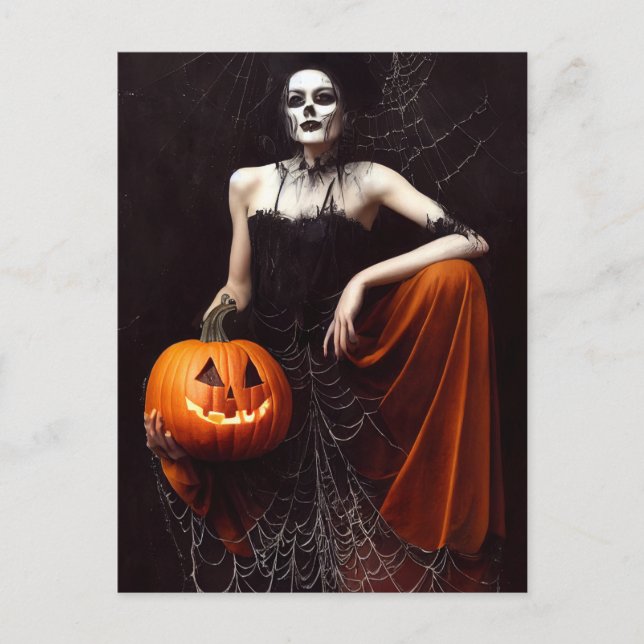 Gothik Hexe mit Kürbis. Happy Halloween Postkarte (Vorderseite)