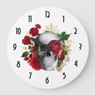 Gothik-Schädel mit roten Blumen und goldenen Blätt Große Wanduhr