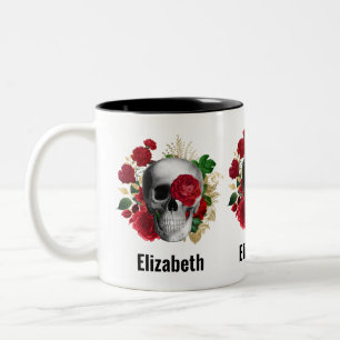 Gothik-Schädel mit roten Blumen und goldenen Blätt Zweifarbige Tasse
