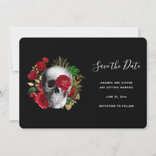Gothik-Schädel mit roten Rosen und goldenen Blätte Save The Date