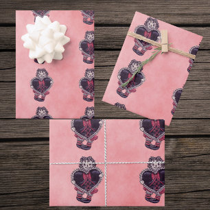 Gothik-Stoffpuppen Große schwarze Herzschleife Pin Geschenkpapier Set