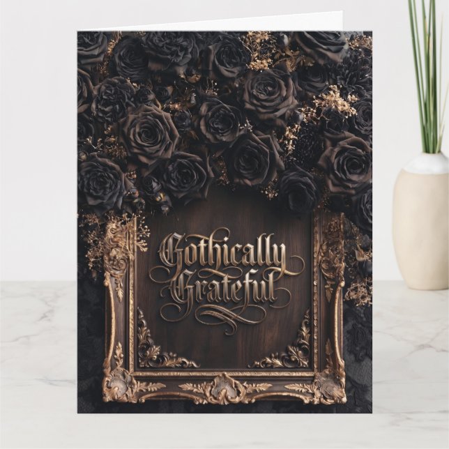 Gothisch dankbare Typografie mit dunklen Rosen  Dankeskarte (Vorderseite)