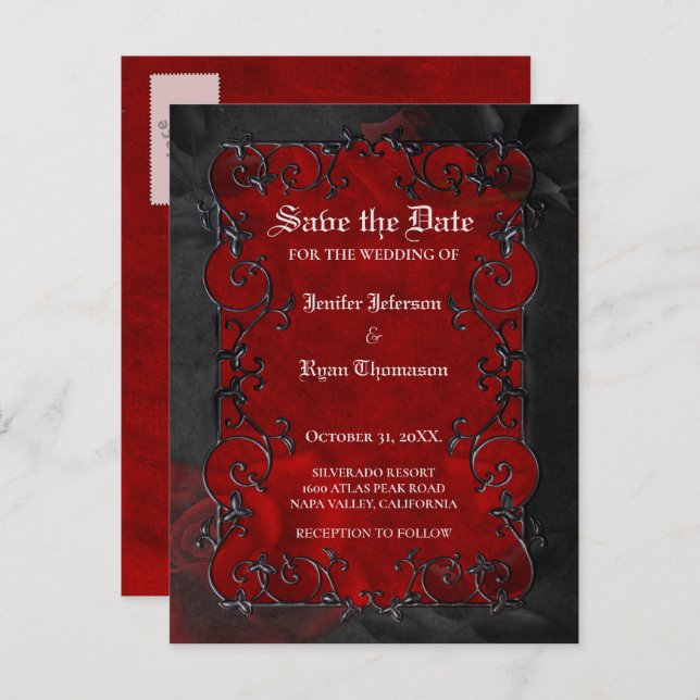 Gothische Hochzeit speichern Sie das Datum Postkar Ankündigungspostkarte (Vorne/Hinten)