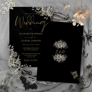 Gothische Rosen Florale Schwarze und Goldene Hochz Einladung