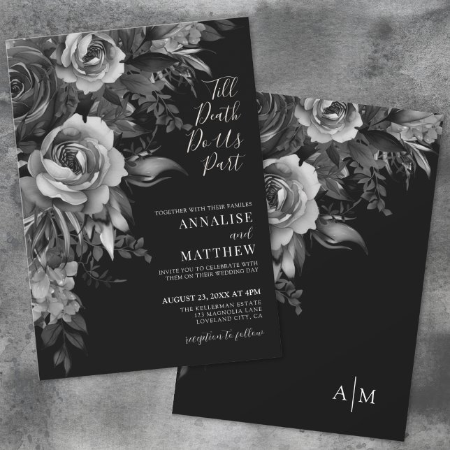 Gothische Schwarze Hochzeit mit Blumenmotiven Einladung (Gothic Floral Black Wedding Invitation)