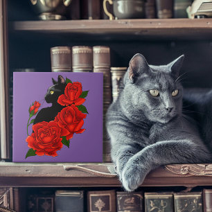Gothische schwarze Katze rote Rosen lila Fliese