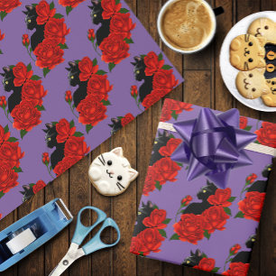 Gothische schwarze Katze rote Rosen lila Geschenkpapier