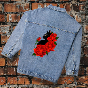 Gothische schwarze Katze rote Rosen lila Jeansjacke