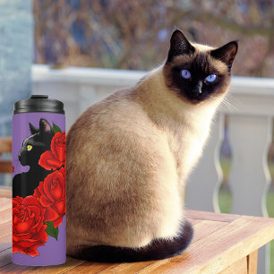 Gothische schwarze Katze rote Rosen lila Thermosbecher
