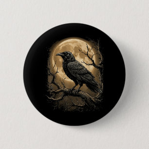Gothische Schwarze Krähe Rabenmond Dunkler Waldvog Button