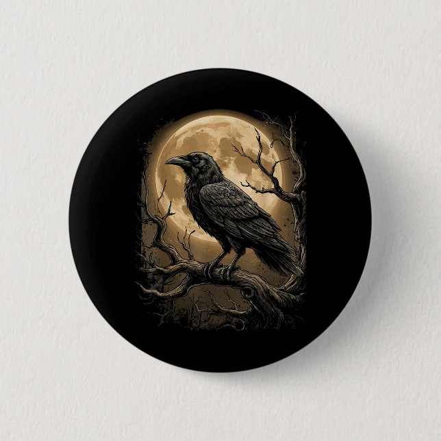 Gothische Schwarze Krähe Rabenmond Dunkler Waldvog Button (Vorderseite)
