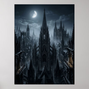Gothische Stadttürme im Mondlicht Poster