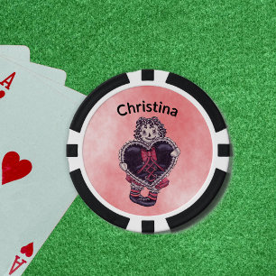 Gothische Stoffpuppe mit Garn-Haaren in schwarz mi Pokerchips