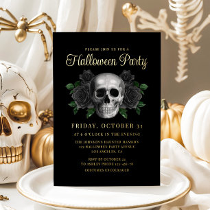 Gothischer floraler Totenkopf Halloween Gold Folieneinladung