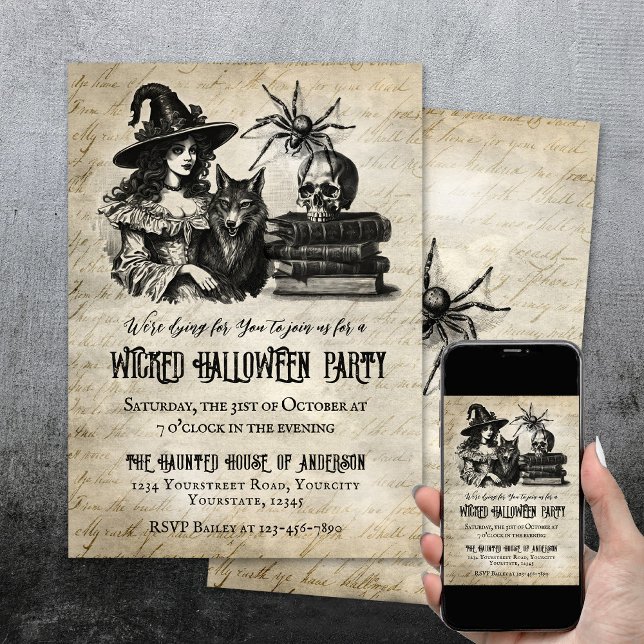 Gothischer Halloween-Schädelwolf Einladung (Halloween party invite with witch wolf skull spider.)