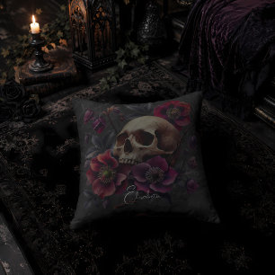 Gothischer, melancholischer Totenkopf mit Blumen Kissen