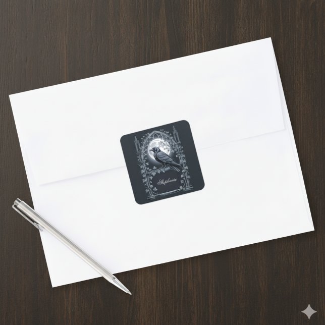 Gothischer Mond Rabenbogen Dunkle Akademie Quadratischer Aufkleber (Dark Academia personalized raven sticker)