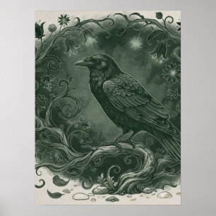 Gothischer mystischer Rabe und verzauberter Wald Poster
