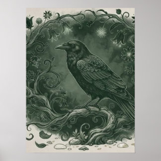 Gothischer mystischer Rabe und verzauberter Wald Poster