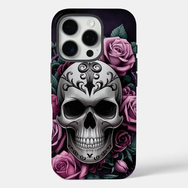 Gothischer Schädel mit Lila Rose Case-Mate iPhone Hülle (Rückseite)