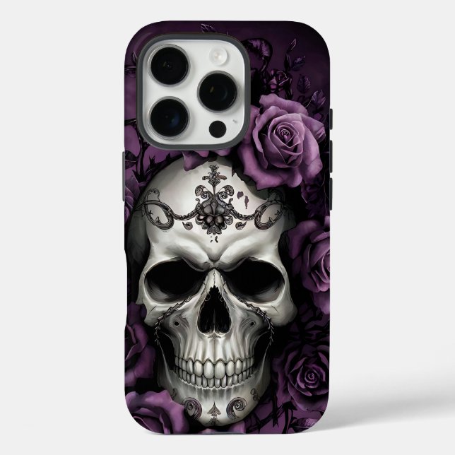 Gothischer Schädel mit Lila Rose Case-Mate iPhone Hülle (Rückseite)