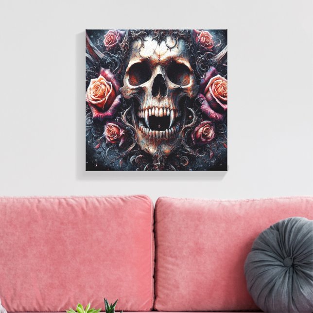 Gothischer Schädel mit Rose Leinwanddruck (Insitu (Wohnzimmer))